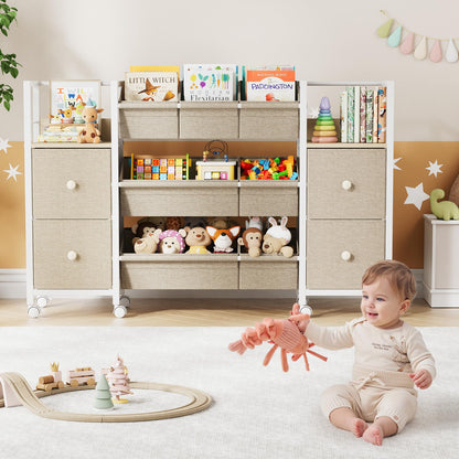 Kids Toy Organizers and Storage Bins - 7 Storage Bins + 4 Fabric Drawers + 2 Bookshelf, Playroom Storage, Mobile Cart Organizer for Toy, Clothes, Blankets and Books - Off White
