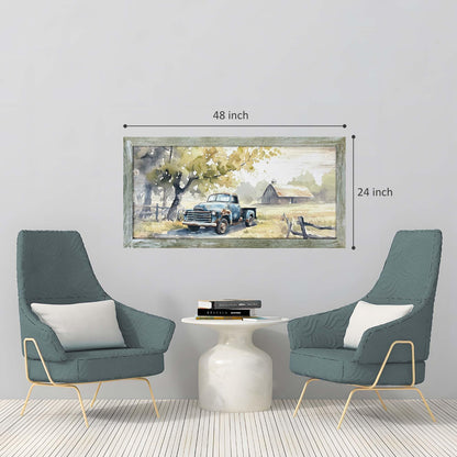 Framed Rustic Barn Wall Art: Large Farm Wooden Country Farmhouse Truck Painting Picture Old Car Countryside Field Landscape Print Artwork for Living Room Bedroom Home Office Decor 48" x 24"