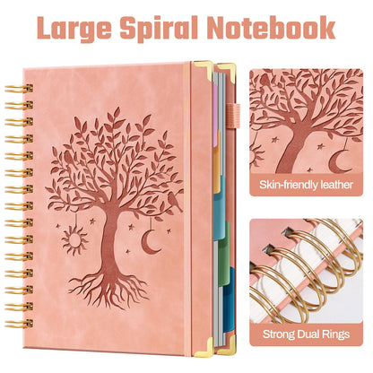 Ovesmusl Hardcover Spiral Notebook 8" x 10" with 5 Removable Dividers 300 Pages Leather 5 Subject Notebook College Ruled 100GSM Large Spiral Notebooks for Work Thick Lined Journal for Women, Pink