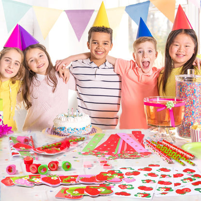 Cholemy 168 Pcs Strawberry Party Favors Supplies Stationery Set Notebook Sticker Stamper Eraser Ruler Pencil Bag for Strawberry Baby Shower Birthday Party Gift Classroom Prize