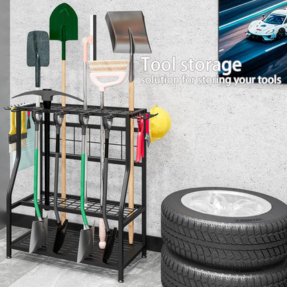 YIZAIJIA Garden Tool Organizer Holder Heavy Duty Steel Rack Up to 60 Long Handled Tools for Garage Shed Outdoor Garden Yard Black