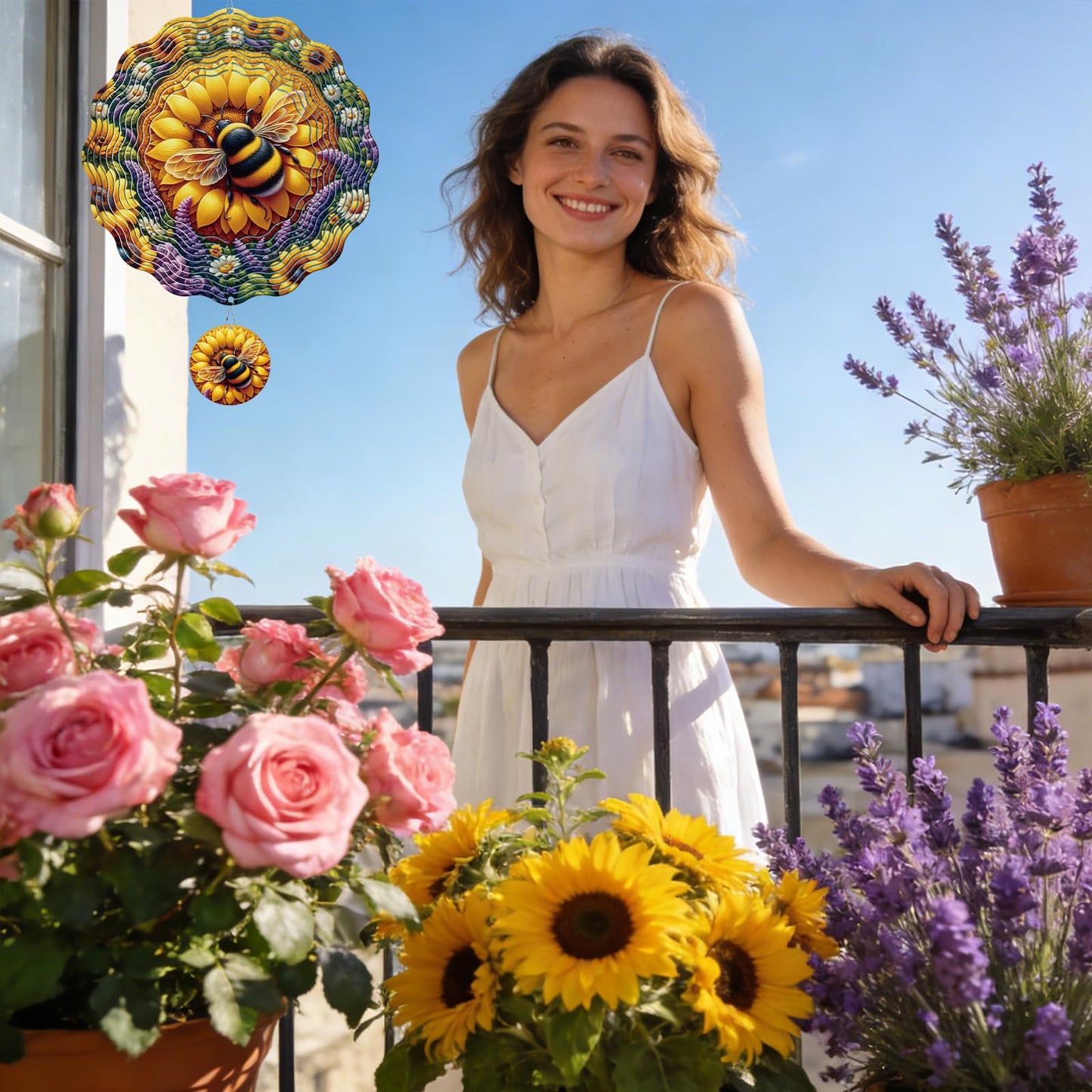 Rngmsi Sunflower Wind Spinners Outdoor Garden Decor for Outside, 3D Metal Bee Wind Spinner Hanging Decor Kinetic Art for Yard, 12 in Stainless Steel Hanging Gifts for Women Housewarming