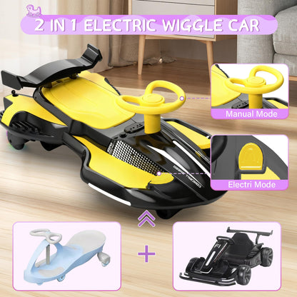12V Electric Wiggle Car with Pedal for Kids, Rechargeable 2 in 1 Devil Swing Car Toy, Drifting Ride On Car with Backrests, Anti-Rollover, Spray, Flashing Light, Music, Bluetooth, for Ages 3 and Up