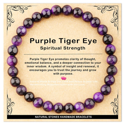 AD Beads 6mm Handmade Purple Tiger Eye Elastic Bracelet – Natural Gemstone for Peace and Tranquility – Meditation, Yoga, Healing and Energy Gift for Men Women