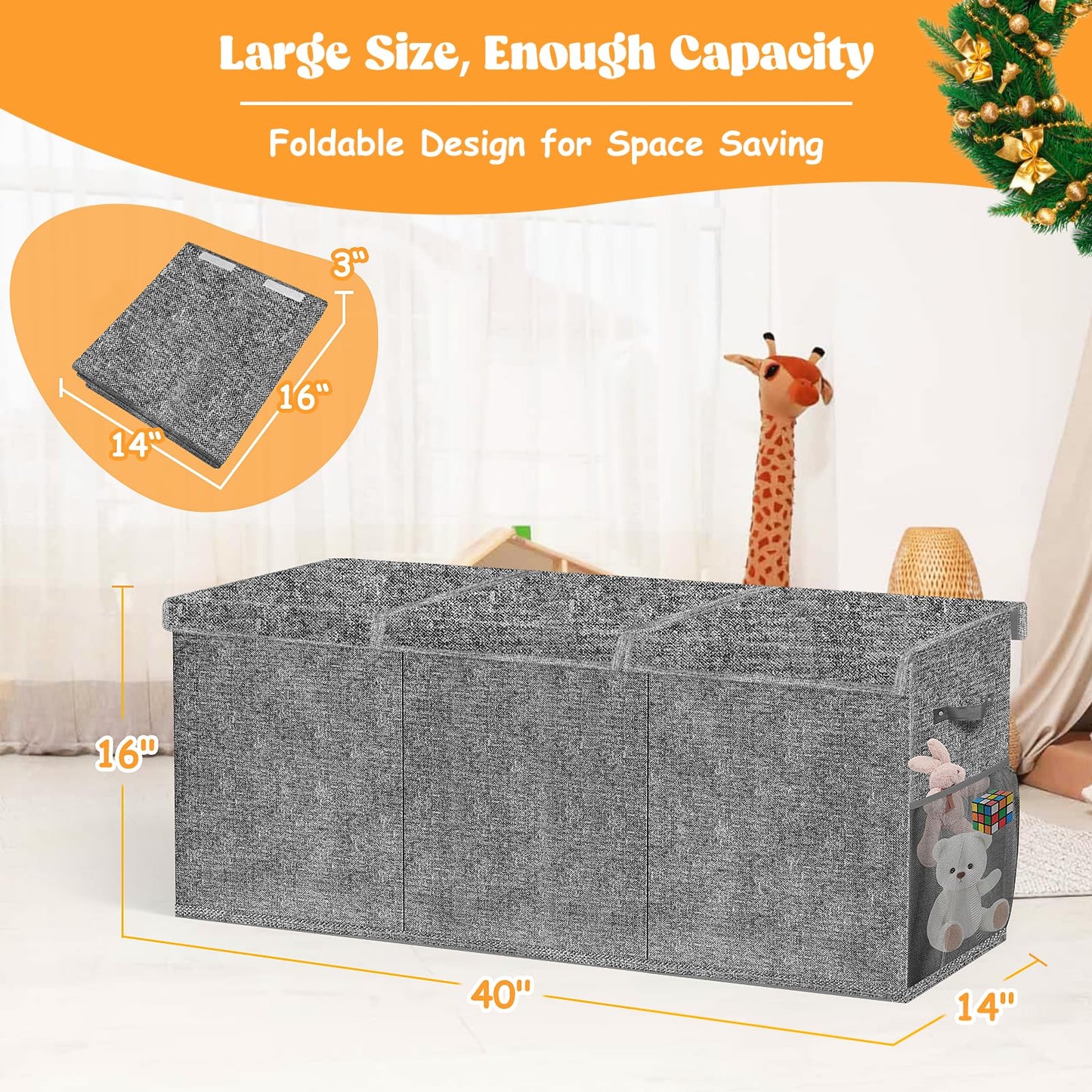 Beadsky Extra Large Toy Box, Toy Chest for Toddlers with Lids, Collapsible Toy Storage Organizer, Kids Bin Boxes Storage Basket for Boys, Girls, Nursery, Living Room, Playroom, 40"x14"x16", Gray