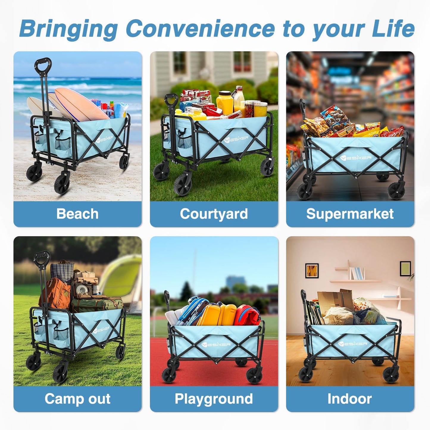 Yesker Foldable Wagon - 220lbs Collapsible Garden Carts with All Terrain Wheels for Outdoor Camping Sports Shopping Gardening - Heavy Duty Portable Utility Trolley (Blue)