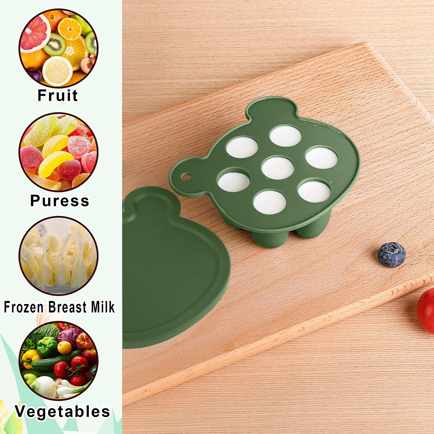 Gedebey 3-in-1 Baby Food & Fruit Feeder Set – Breastmilk Popsicle Mold with Freezer Tray, Teething Relief Toy, BPA Free Infant Silicone Feeding Combo, 3 Bonus Sizes (S/M/L) Sacs (Olive Green)
