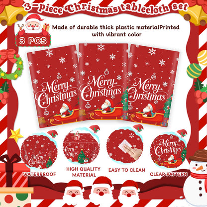 MEIDUO Christmas Tablecloth, 3 Pack 54" X 108" Red Christmas Disposable Plastic Table Covers, Rectangular Table Decor, Xmas Tree Snowman Snowflakes Designs for Winter Party Decorations