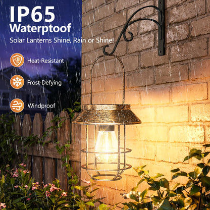 AOUNQ Solar Lanterns Outdoor Waterproof 4 Pack, Upgraded Brighter Hanging Solar Lights for Outside with Wall Hook - Retro Bronze Metal Solar-Powered Hanging Lantern Auto On/Off for Porch Patio Garden