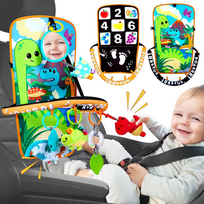 Innofans Baby Car Seat Dinosaurs Toys - Kick and Play Double Sided Infant Car Seat Toys with Plush Toys, Mirror, Teether for Baby, Babys Travel Activities, Christmas Birthday Gifts Newborn Infant Toys