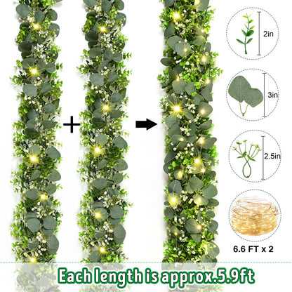 2Pcs Eucalyptus Garland with Lights, Greenery Garland, Green Garland with Flowers, 5.9FT Artificial Faux Eucalyptus Leaves Vines for Table Mantle Home Wedding Party Indoor Outdoor Decor