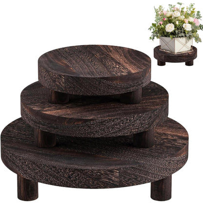 LINGXIANSENG 3 Pcs Wooden Risers for Display, Round Wood Riser Plant Stand 5/6/8" Pedestal Stand, Flower Pot Holder Small Planter Tray for Kitchen Home Décor (Rustic Brown)
