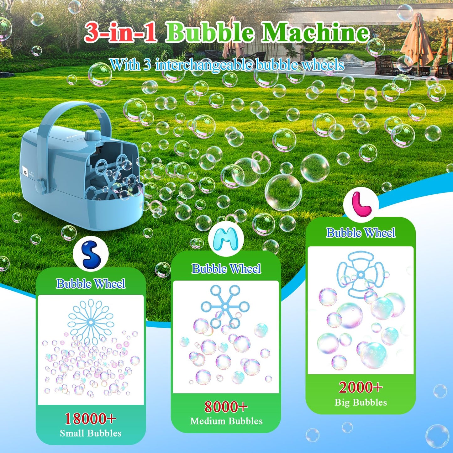 Wisdomlit Bubble Machine, 3-in-1 Bubble Maker, Bubble Blower with 3 Bubble Wheels, Make Small | Medium | Big Bubbles for Kids Toddlers, Bubble Toys for Indoor Outdoor Birthday Party (Blue)