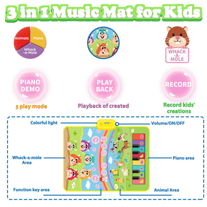 MOMUSE 3-in-1 Piano Music Mat for Kids, Whack-a-Mole Game Floor Play Mat with 30 Sound & Function Keys, Sensory Musical Toys for Baby Girls Boys Toddlers 1 2 3 4 5 6 Years Old