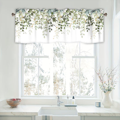 AYTTBIS Sage Green Eucalyptus Leaves Curtain Valance for Windows Watercolor Window Treatments 1 Panel Short Curtains for Kitchen Windows Bathroom Bedroom,42 x 12 Inch