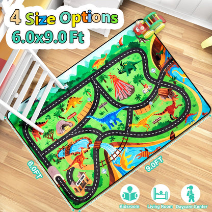 Diysani Kids Rug, Car Carpet for Kids' Toy Cars, 6x9 Ft Dinosaur Rug, Dino Safari Road Mat for Playroom, Educational Learning & Game Area Baby Play Mat Carpet for Children