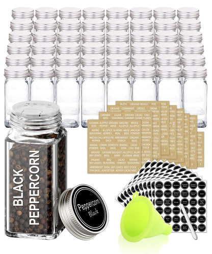 SWOMMOLY 48 Glass Spice Jars with 713 Spice Labels, Chalk Marker and Funnel Complete Set. 48 Square Glass Jars 4OZ, Airtight Cap, Pour/sift Shaker Lid