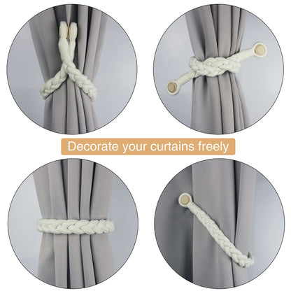Porlau 2 Pack Magnetic Soft Curtain Tiebacks Cotton Hand-Woven Tieback Holdback Home Decorative Tie Backs with Wooden Buckle for Home Office Decor (Cream, 2)