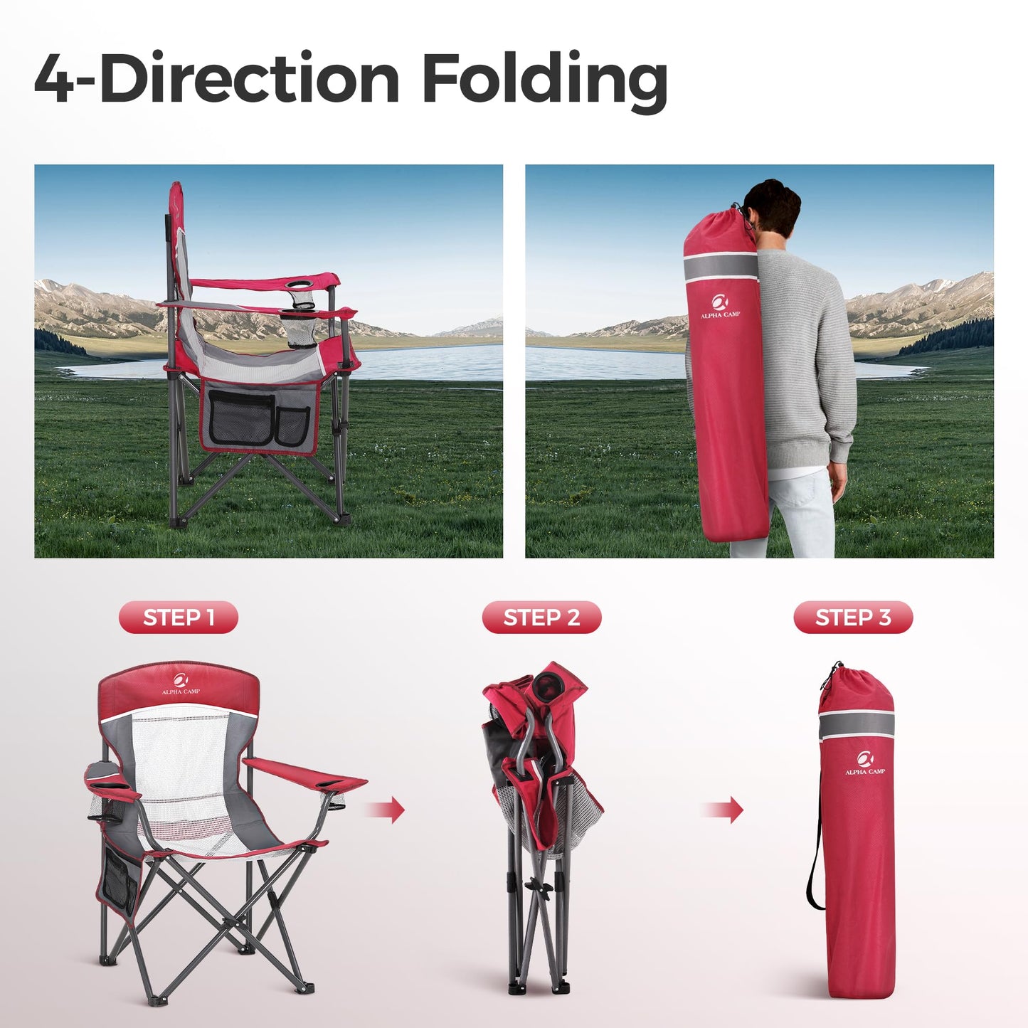 ALPHA CAMP 2PC Oversized Mesh Back Camping Folding Chair Heavy Duty Support 350 LBS Collapsible Steel Frame Quad Chair Padded Arm Chair with Cup Holder Portable for Outdoor (Red-2PC)
