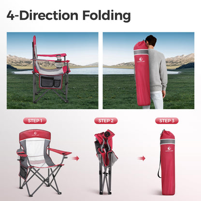ALPHA CAMP 2PC Oversized Mesh Back Camping Folding Chair Heavy Duty Support 350 LBS Collapsible Steel Frame Quad Chair Padded Arm Chair with Cup Holder Portable for Outdoor (Red-2PC)
