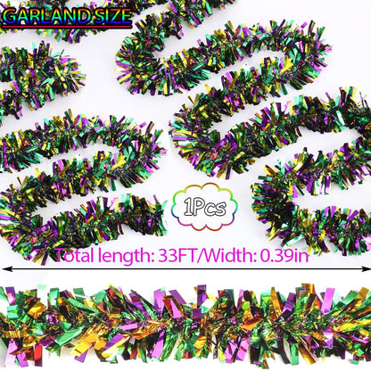 33Ft Christmas Tinsel Garland, Gold Green Purple Metallic Twist Foil Tinsel Garland Hanging Decor for Christmas Tree Birthday Kwanzaa Party Indoor Outdoor Party Supplies - Gold Green Purple