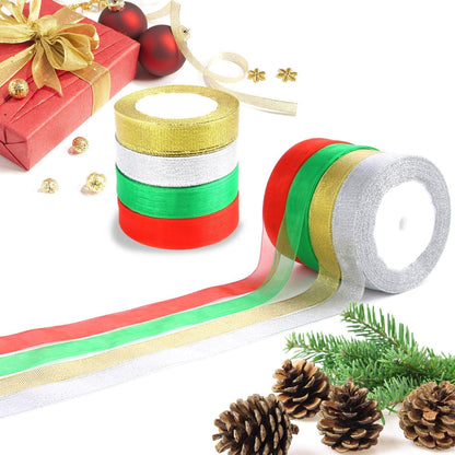 DECYOOL 4 Rolls 150 Yards Christmas Ribbons Metallic Glitter Fabric Organza Holiday Festival Ribbons 4/5" Wide for Gift Wrapping Decoration