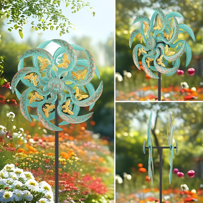 Jusimux Metal Wind Spinner Outdoor, Golden Butterfly Kinetic Wind Sculpture Spinners with Metal Stake, Yard Art Decor for Patio, Lawn & Garden, Creative Gifts 57.5 * 13.4 Inch