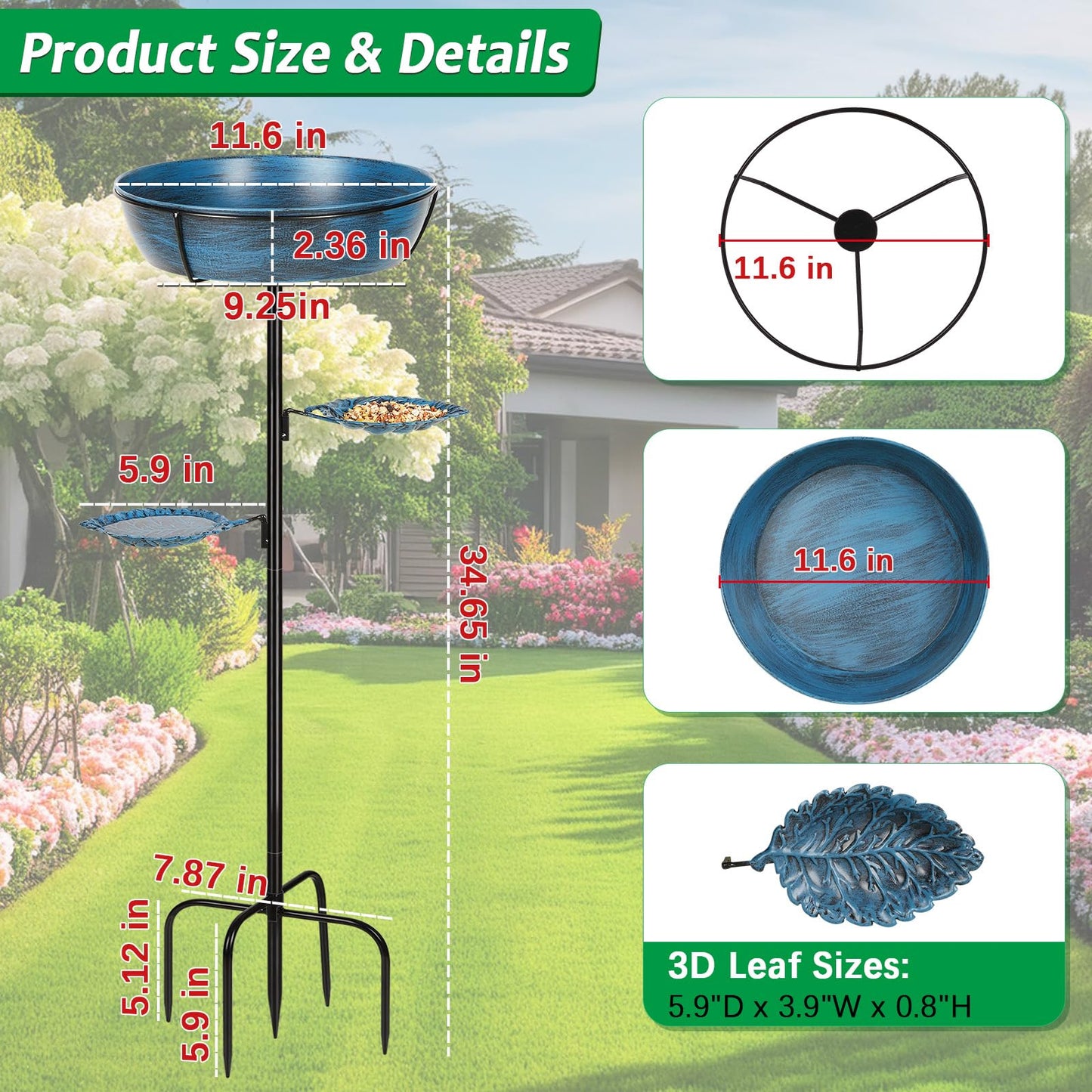 Olpchee Metal Bird Bath for Outdoor - Garden Bird Bath with Removable Bowl Heavy-Duty Base, Winter Birdbath Feeder Rust-Proof Birdbaths for Garden Yard Lawn Decor, Easy to Install(Blue)