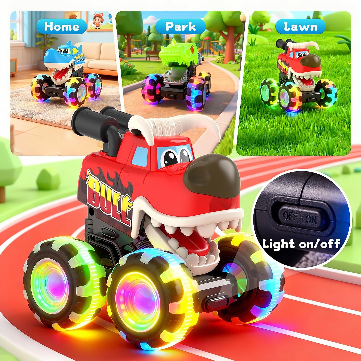 Pnooe Monster Truck Toys, 3 Pack Light Up Cars for Toddlers, Baby Animal Toy Trucks Dino Cars with LED Lightning Wheels, Press & Go Car with Moving Mouth for Kids Boys Girls Christmas Birthday Gifts