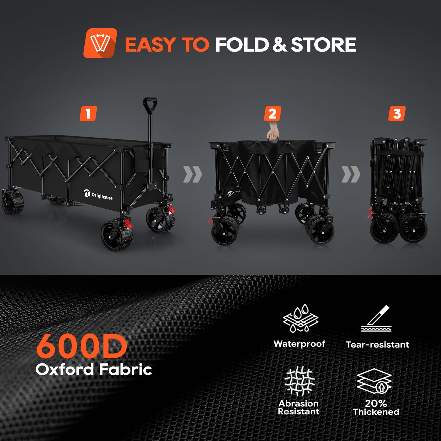 48" L Folding Beach Wagon Cart Foldable, 560lbs Weight Capacity 300L Heavy Duty Collapsible Wagons with Big All-Terrain Wheels, Utility Carts for Groceries, Shopping, Camping, Sports - Black
