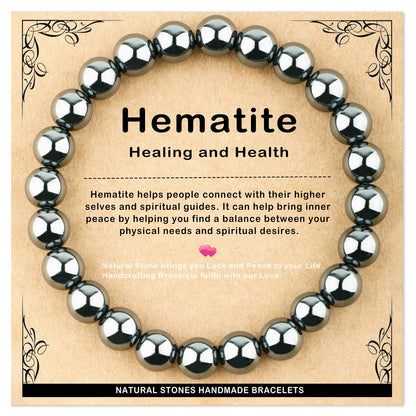 AD Beads 8mm Handmade Hematite Elastic Bracelet – Natural Gemstone for Healing and Health – Meditation, Yoga, Healing and Energy Gift for Men Women