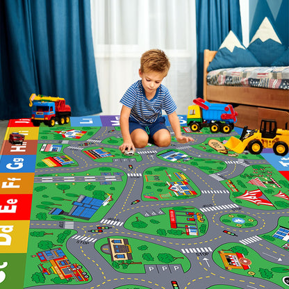 Kids Play Mat, Super Soft Car Track Rug, ABC and Shapes Educational Playmat, Non-Slip City Road Traffic Carpet Nursery Rugs for Playroom Bedroom Boys, Children Play Area Rug