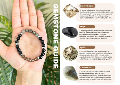 TUQBA Manifestation and Protection Beaded Crystal Bracelet for Men and Women Natural Stone Jewelry with Onyx, Smoky Quartz, Pyrite, Labradorite Mothers Days Gift, Christmas, Baptism, Birthday