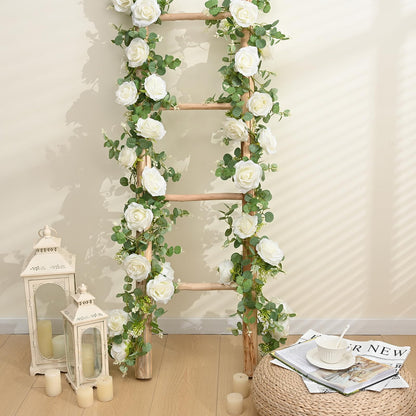 Dolicer 4Pcs 26Ft Artificial Eucalyptus Garlands with Flowers - 8 Roses, Faux Floral Greenery Garlands Fake Flowers Vines for Wedding Table Centerpieces Arch Party Ceremony Backdrop Decor (White)