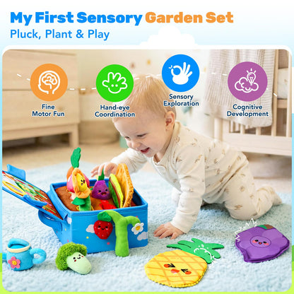 Baby Toys 6-12 Months, Montessori Sensory Garden Plush Set Vegetable Fruits, Baby Developmental Learning Toys with Rattle Squeaker Mirror Texture Tissue, Gifts for 6+ month old Boy Girl Christmas