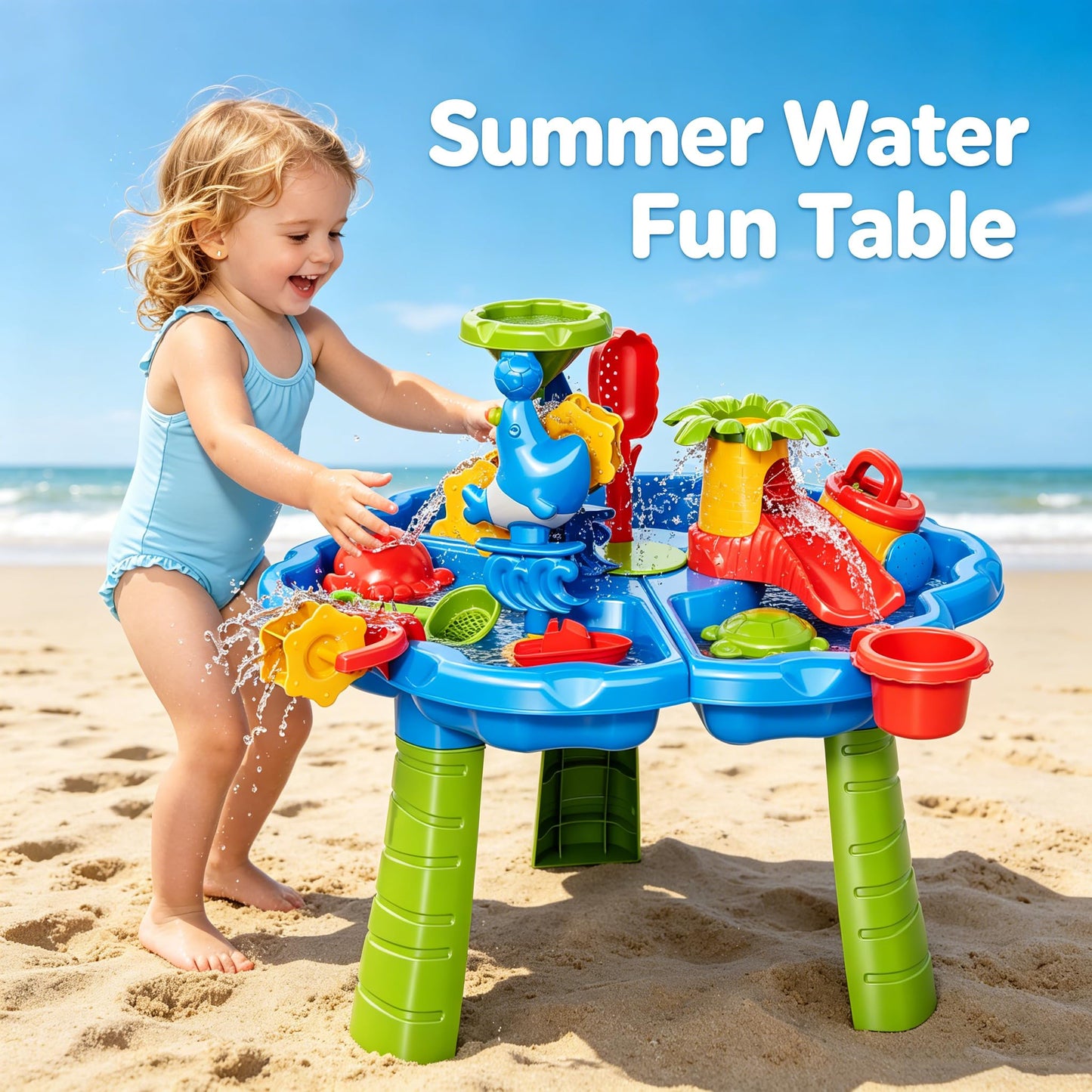 Guminnara 3 in 1 Water Table for Toddlers 1-3 Years, Kids Summer Activity Sensory Play Outdoor Beach Backyard Sand Water Table Toys for Toddlers 18M+, Birthday Gift Toys for Boys Girls