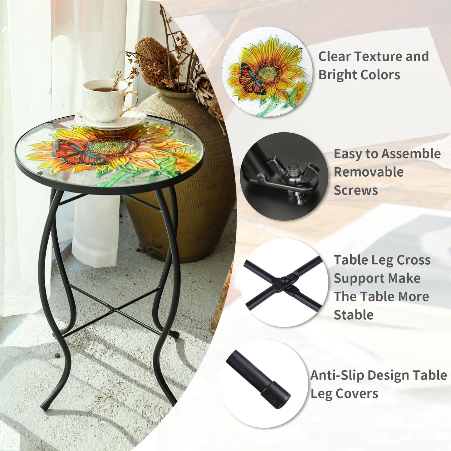 VCUTEKA Patio Side Table Outdoor Accent Table Bistro Coffee Table Plant End Table Small Porch Table Indoor Round Glass Balcony Plant Table Stands Sunflower 14''
