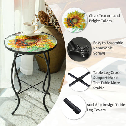 VCUTEKA Patio Side Table Outdoor Accent Table Bistro Coffee Table Plant End Table Small Porch Table Indoor Round Glass Balcony Plant Table Stands Sunflower 14''