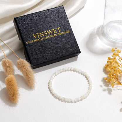 Vinswet Healing Crystal Bracelets for Women Men 4mm Moonstone Natural Stone Beaded Stretch Bracelet Handmade Gemstone Reiki Spiritual Jewelry Gifts