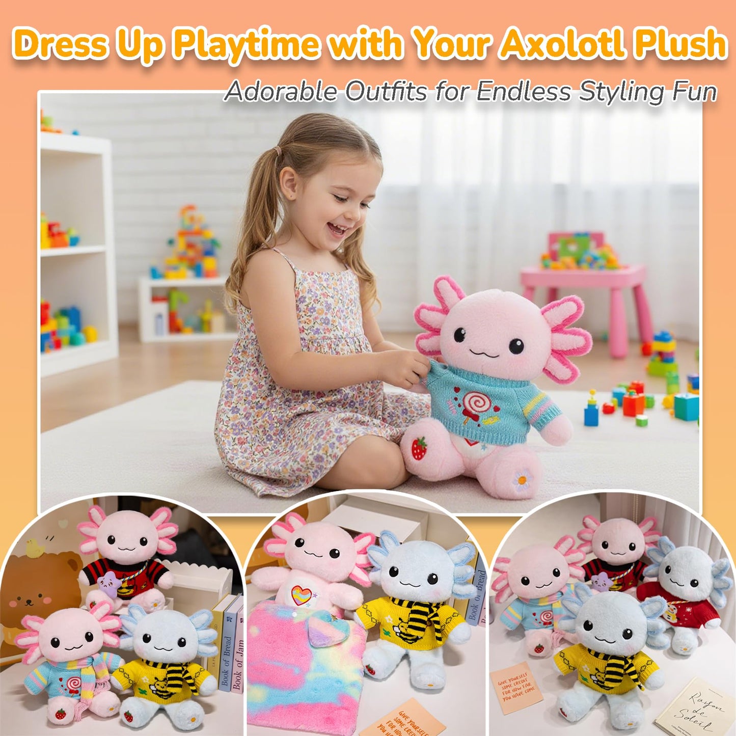 KUMANEKO Cute Axolotl Plush Gift Set with 12 Pcs Axolotl Stuffed Animal Clothes & Accessories, 13-Inch Axolotl Toy, 5/6/7/8/9/10-12 Year Old Girl Birthday Gift