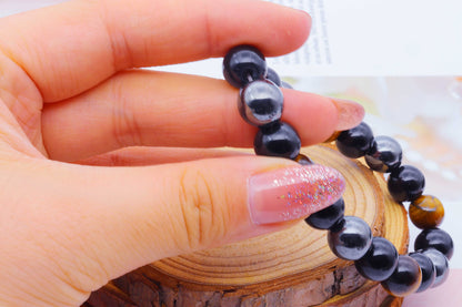 ZZ ZINFANDEL Initial Letter Black Obsidian Beaded Bracelets for Men, Mens Triple Protection Bracelet,10mm Natural Black Onyx Tiger Eye Stone Beads Bracelets (C)