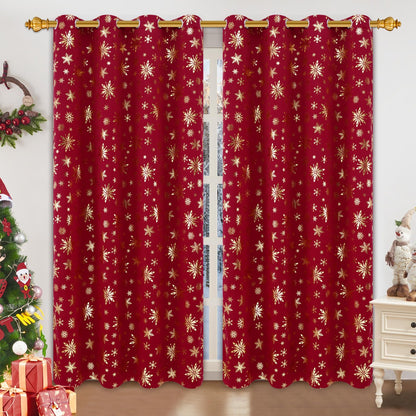 FRAMICS Christmas Curtains for Living Room and Bedroom - Gold Snowflake Foil Print, Blackout, Red, 84 Inch Length, 2 Panels Set, Grommet Window Curtains for Winter