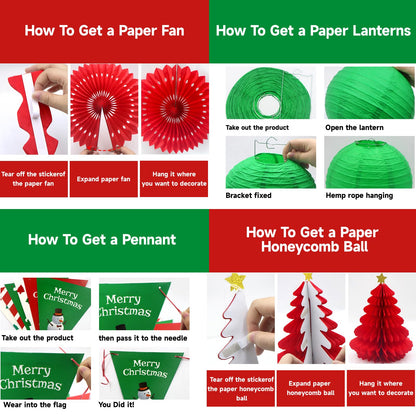 YOVIWEI Christmas Party Decorations - Red & Green Christmas Flag, Xmas Tree Honeycomb Balls Garland Paper Fans Paper Lanterns for Holiday Party Decorations Winter Party New Year's Eve Classroom Decor