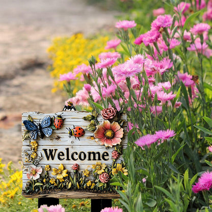 2 Pcs Flowers Garden Sign With Stake, 2D Flat Wooden Floral Ladybug Butterfly Welcome Sign, Personalized Sign Stakes for Pots Flower Bed Yard Lawn