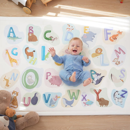 PaPaMat 1.3" Thick Educational Baby Floor Play Mat 59x79, Basic Padded Memory Foam Kids Mat, Non-Slip Plush Playmat for Nursery Playroom Classroom (ABC Animal)