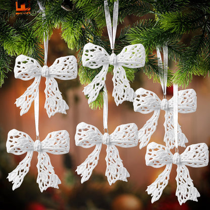 Thyle 12 Pcs Glitter Christmas Bow Ornaments for Christmas Tree Decorations 3.94'' White Shiny Wreath Bows Pendant Xmas Tree Hanging Ornaments for Holiday Winter Home New Year Party Decorations