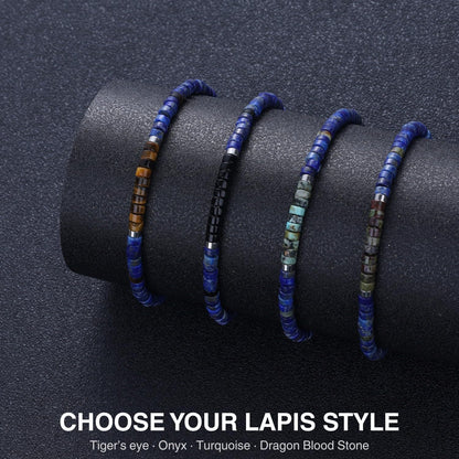 SAMYA Lapis Lazuli Bracelet for Men – Natural 4×2mm Heshi Beaded Bracelet, Stainless Steel Lobster Clasp, Adjustable Fit for 6.5”–8.0” Wrist, Blue Stone Bracelet for Men