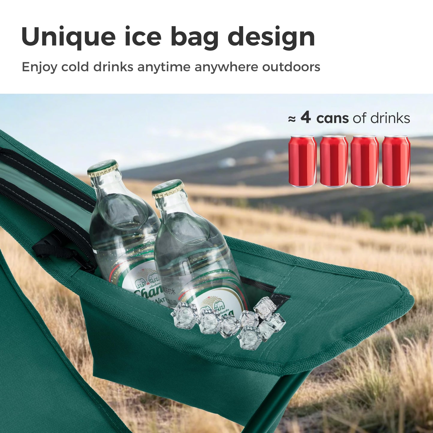 LET'S CAMP Camping Chair 2 Pack Folding Chair with 4-Can Cooler Bag Portable Lawn Chair with Cup Holder,Storage Pocket, Supports 350LBS, Collapsible Chair for Camp, Beach, Picnic (Green)