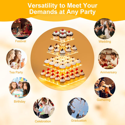 YestBuy Cupcake Stand with Yellow Led Lights, 4 Tier Cupcake Stand for 50 Cupcakes, Acrylic Cupcake Tower Stand, Clear Tiered Cupcake Holder for Birthday Cady Bar Décor Weddings, Parties Events