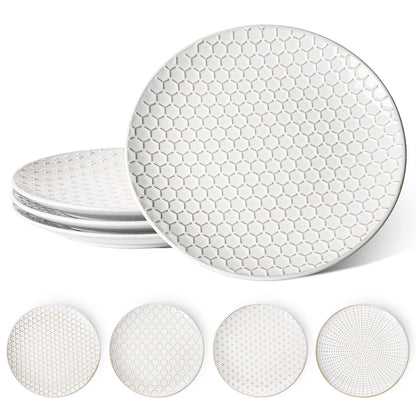 LE TAUCI 10 Inch Ceramic Dinner Plates Set of 4, Large Embossed Plate Set for Kitchen, Microwave & Dishwasher Safe Dinnerware Sets, Modern White Serving Dishes for Pasta, Steak - Arctic White